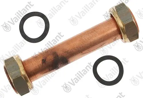 Kupferrohr mit zwei Gewindeanschlüssen und zwei Dichtungsringen, Marke Vaillant, für hydraulische Verbindungen in Heizungsanlagen.